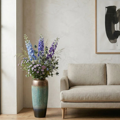 Teal gold vase w/ delphinium by ink art