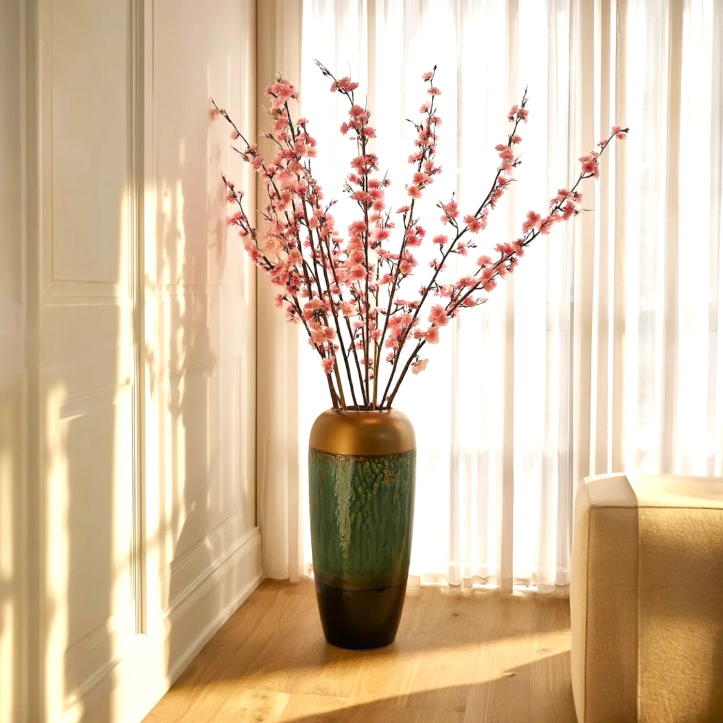 Teal gold floor vase w/ cherry blossoms