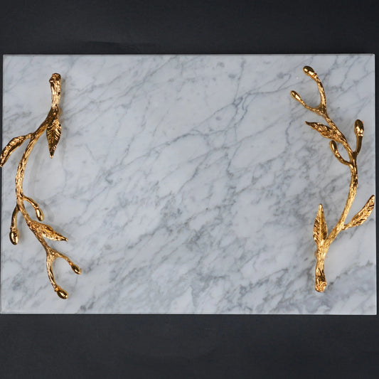 White marble serving platter with gold branch handles for luxury dining and table styling
