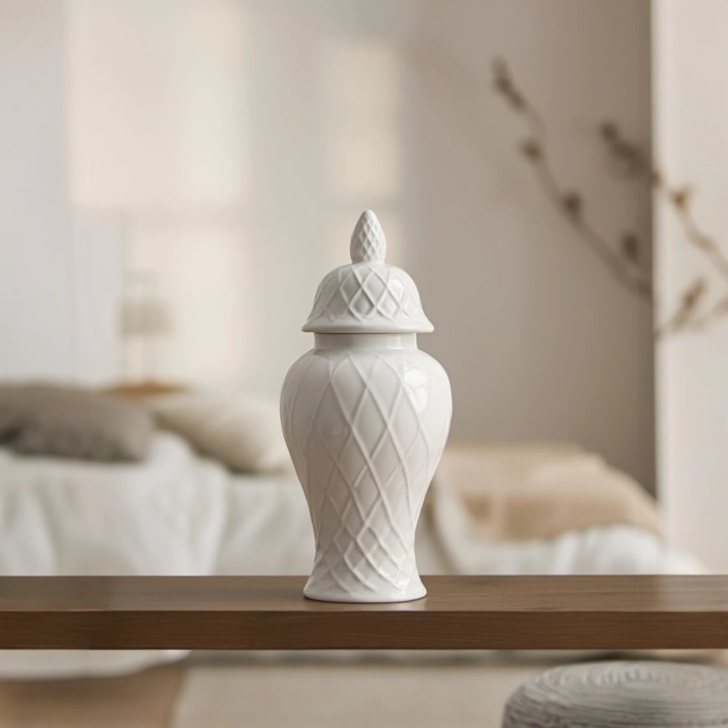 Small ivory lattice jar on walnut bedroom