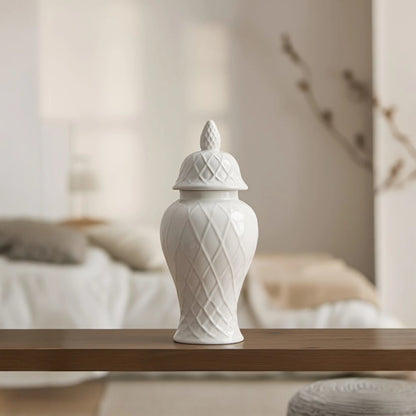 Small ivory lattice jar on walnut bedroom