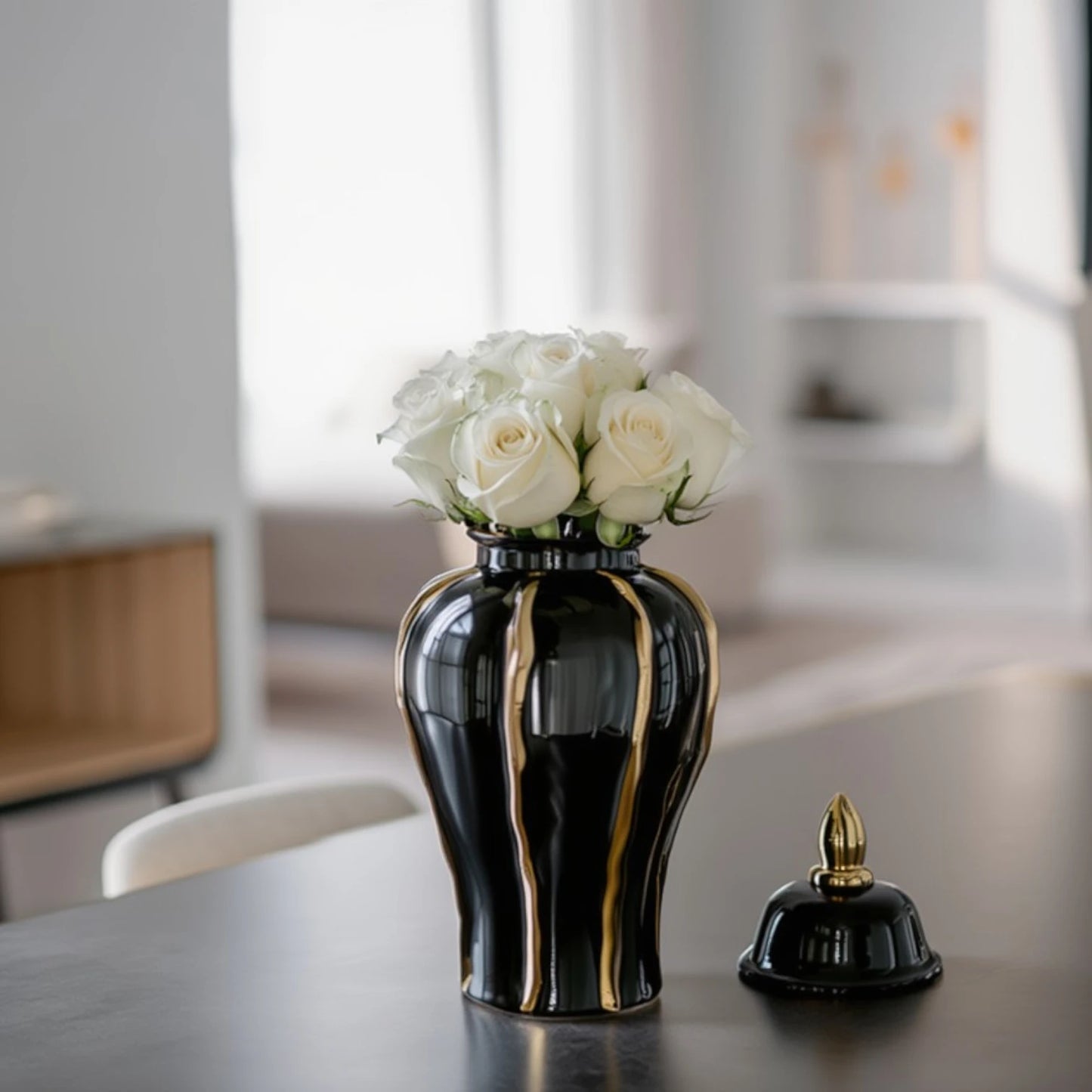 Small noir flow jar w/ roses, grey console