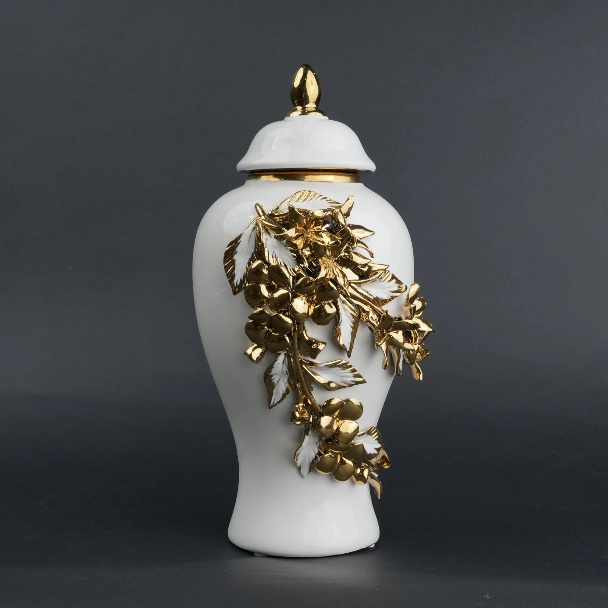 White ceramic jar with gold bloom detailing and lid for decor and flower vase styling