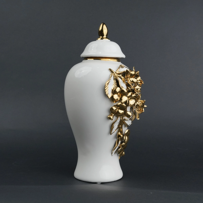 White ceramic jar with gold bloom detailing and lid for decor and flower vase styling