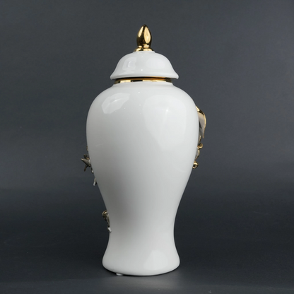 White ceramic jar with gold bloom detailing and lid for decor and flower vase styling
