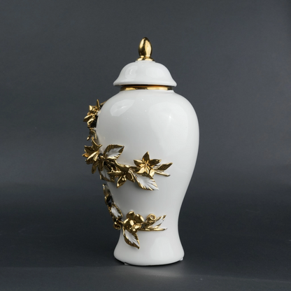 White ceramic jar with gold bloom detailing and lid for decor and flower vase styling