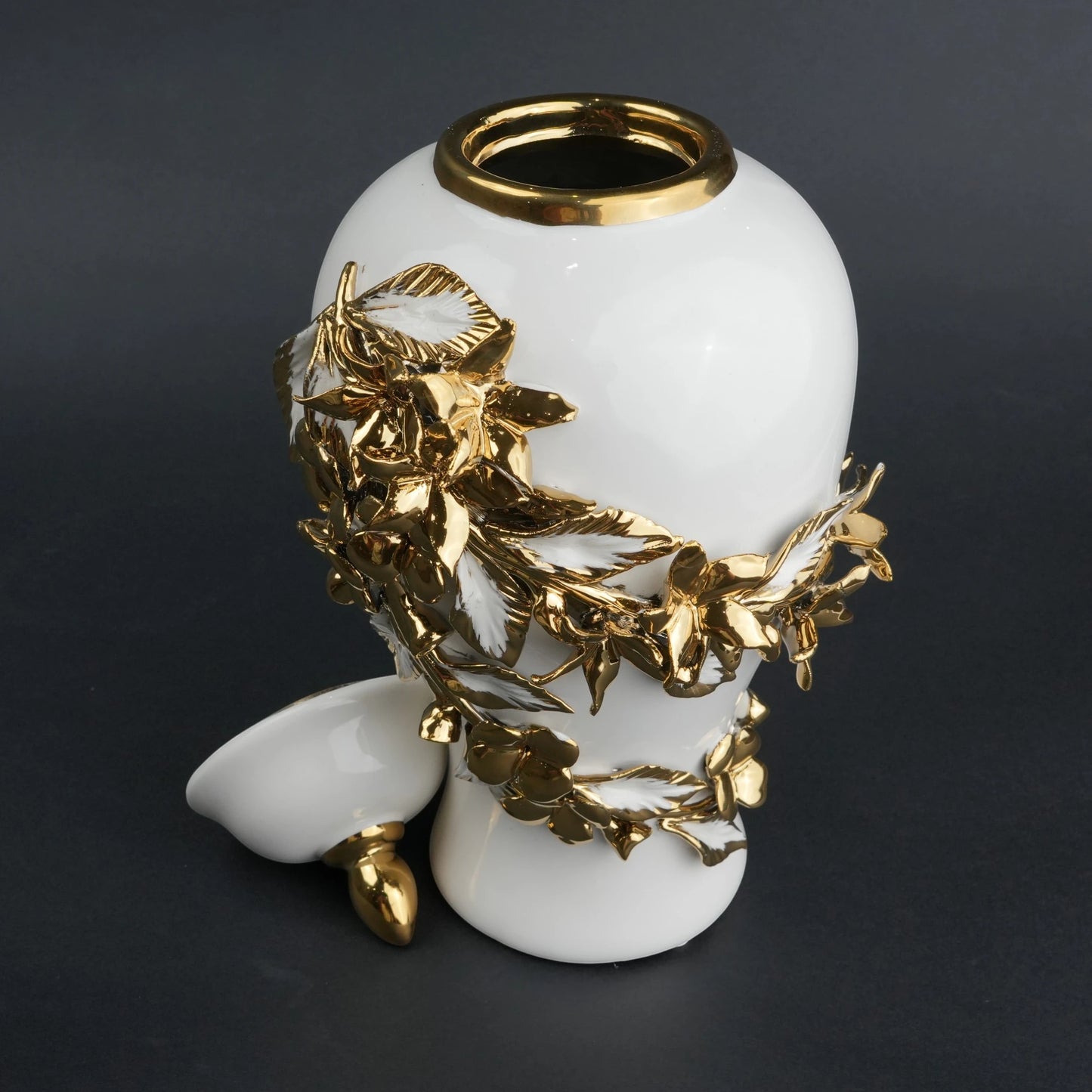 White ceramic jar with gold bloom detailing and lid for decor and flower vase styling