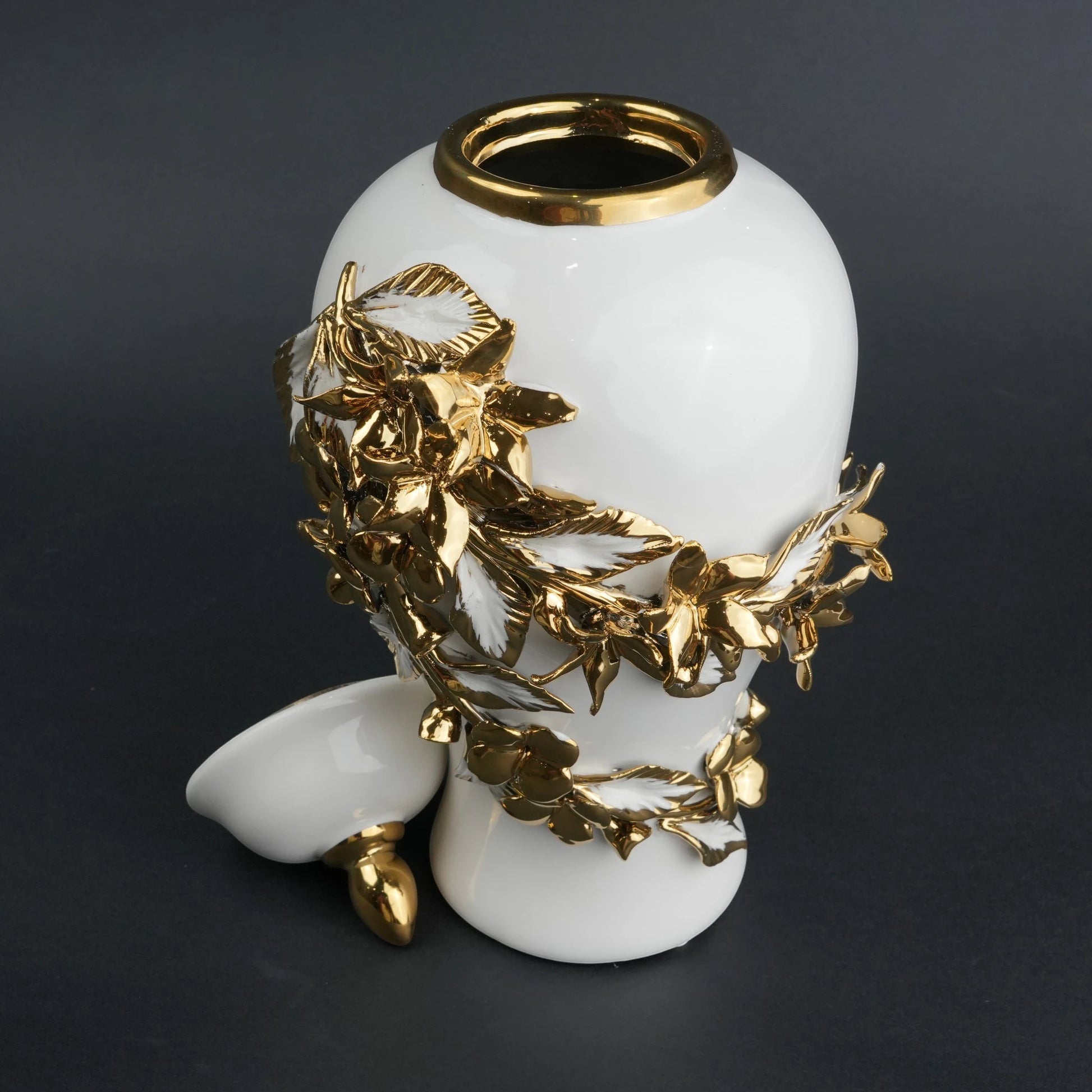 White ceramic jar with gold bloom detailing and lid for decor and flower vase styling
