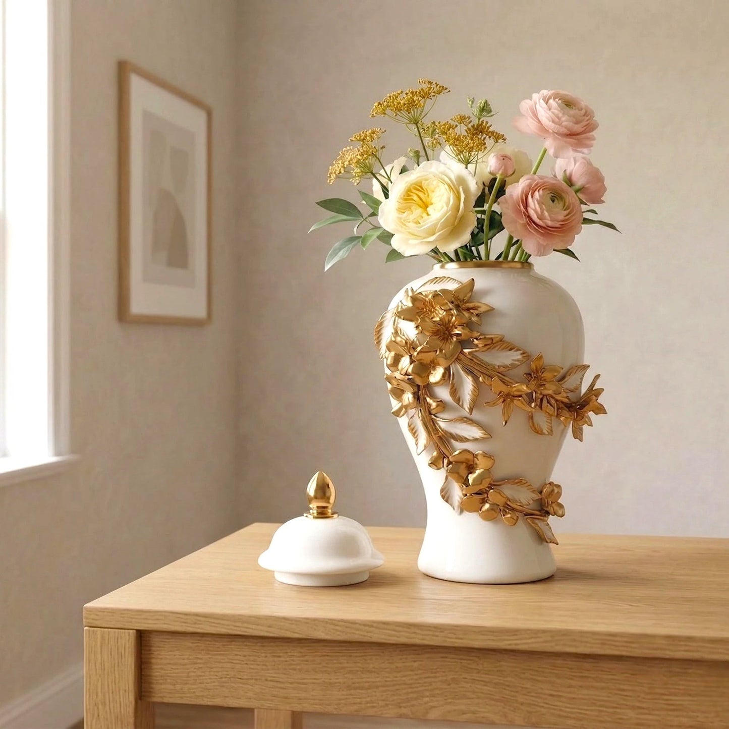 Gold Bloom Ceramic Jar side angle gold floral decor jar