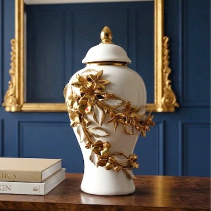 Gold Bloom Ceramic Jar front view decorative ceramic jar