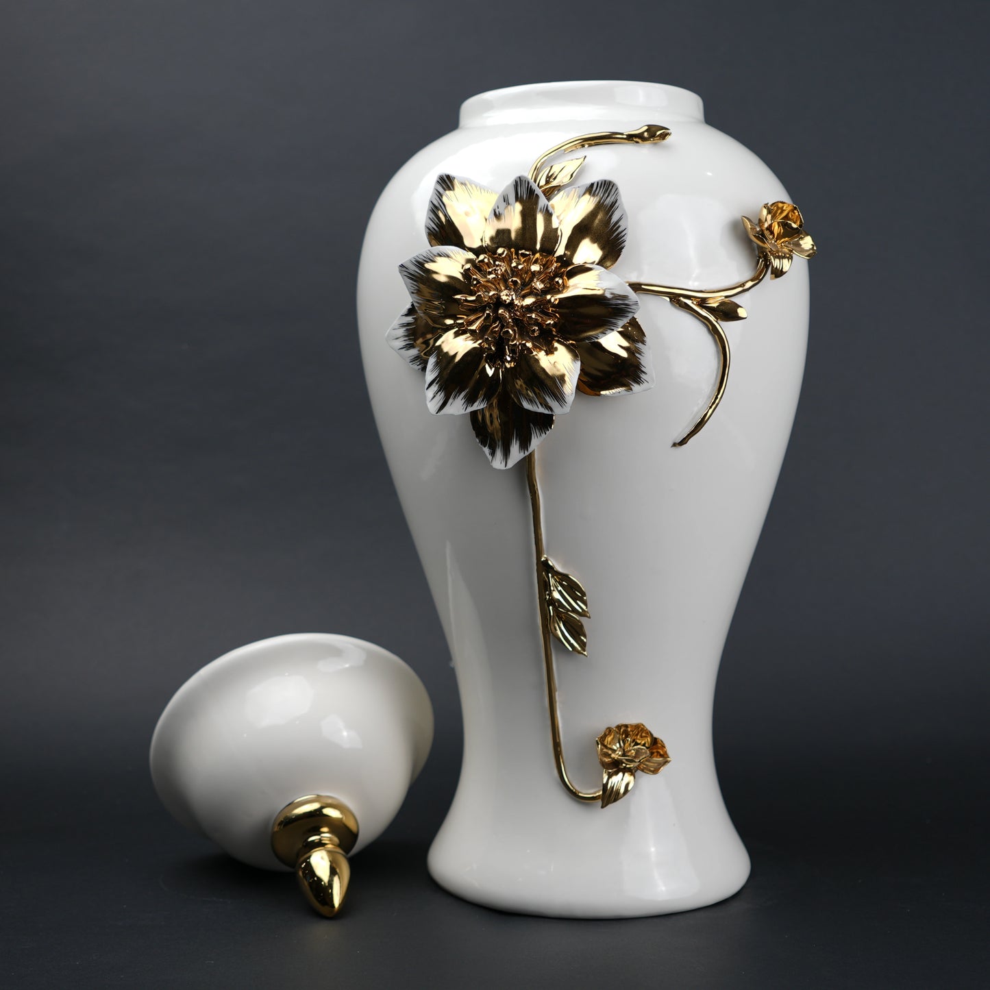 White ceramic jar with gold floral stem design, lid and vase use for home decor styling