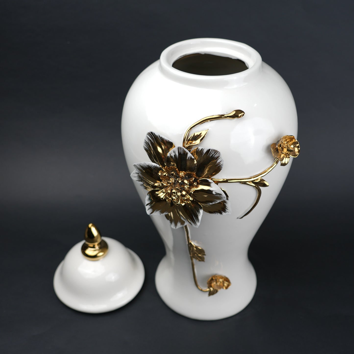 White ceramic jar with gold floral stem design, lid and vase use for home decor styling