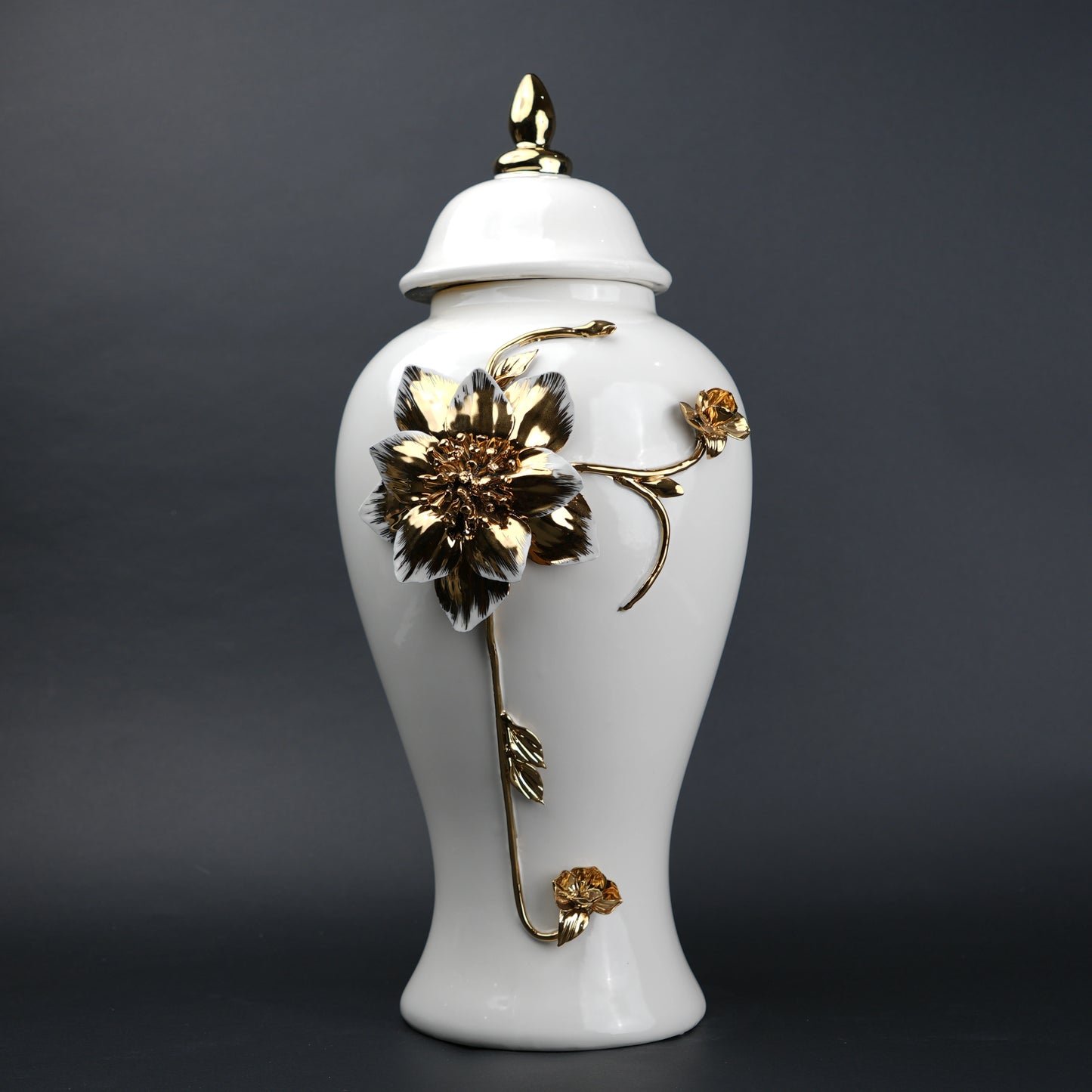 White ceramic jar with gold floral stem design, lid and vase use for home decor styling