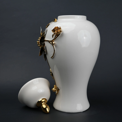 White ceramic jar with gold floral stem design, lid and vase use for home decor styling