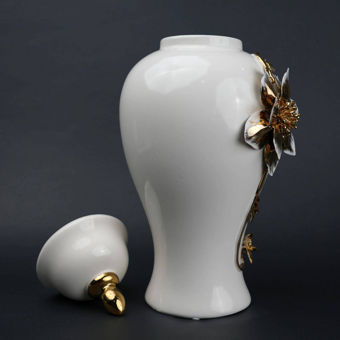 White ceramic jar with gold floral stem design, lid and vase use for home decor styling