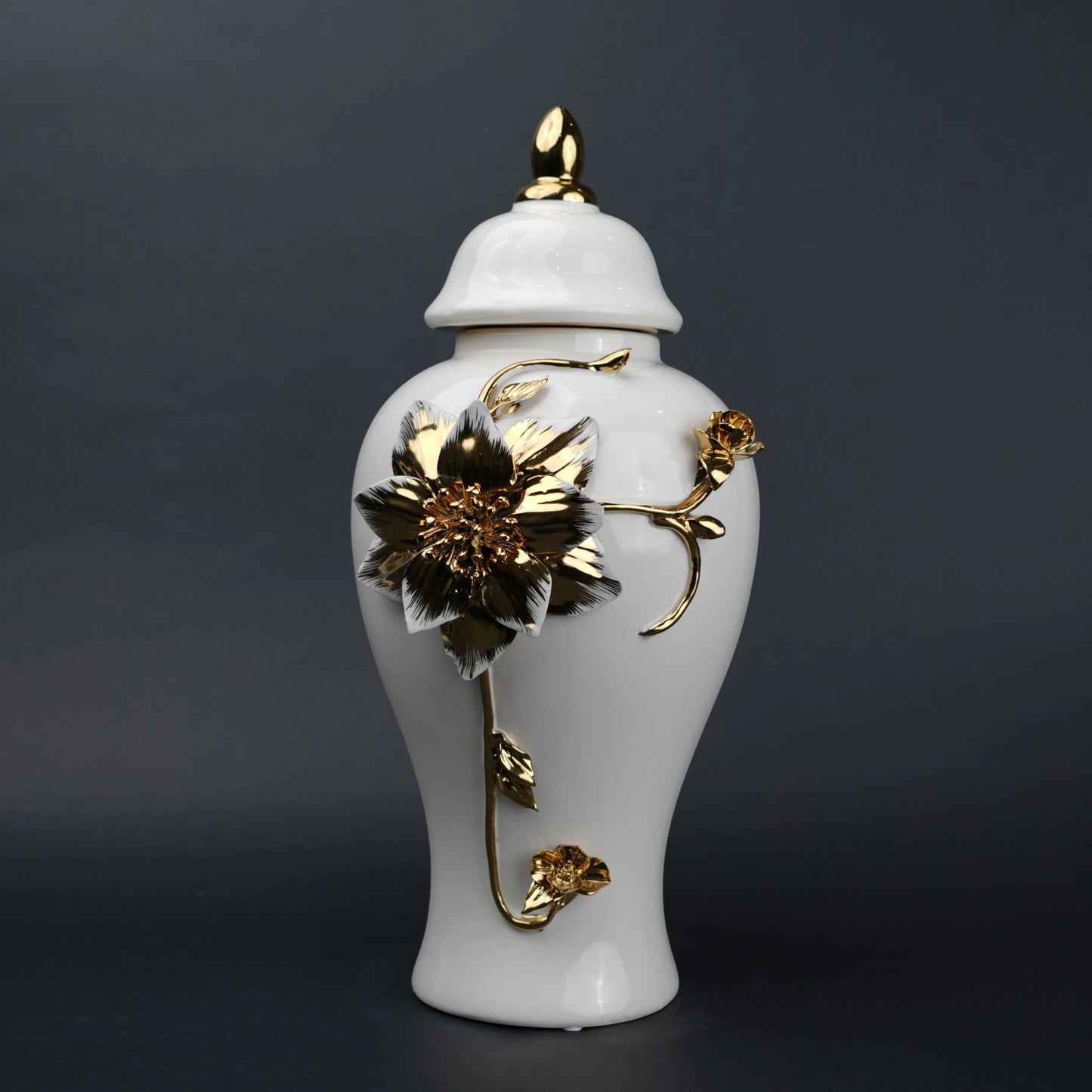 White ceramic jar with gold floral stem design, lid and vase use for home decor styling