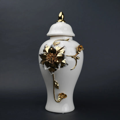 White ceramic jar with gold floral stem design, lid and vase use for home decor styling