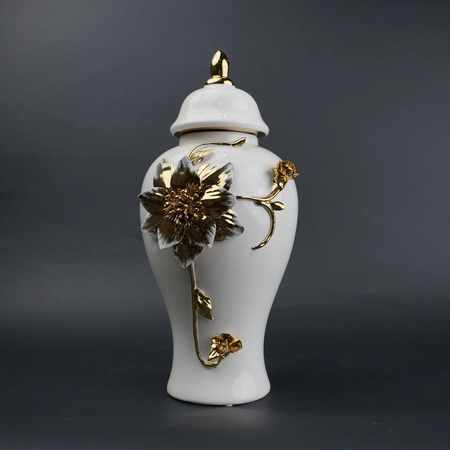 White ceramic jar with gold floral stem design, lid and vase use for home decor styling