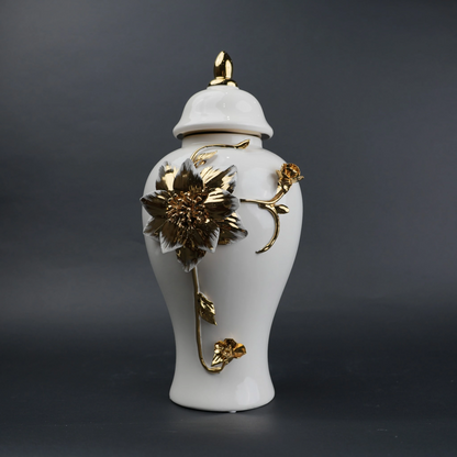 White ceramic jar with gold floral stem design, lid and vase use for home decor styling