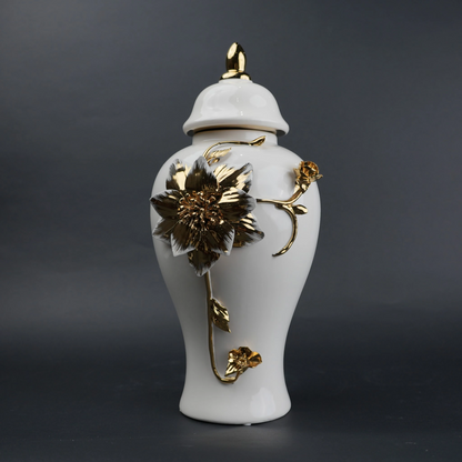 White ceramic jar with gold floral stem design, lid and vase use for home decor styling