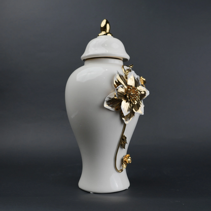 White ceramic jar with gold floral stem design, lid and vase use for home decor styling