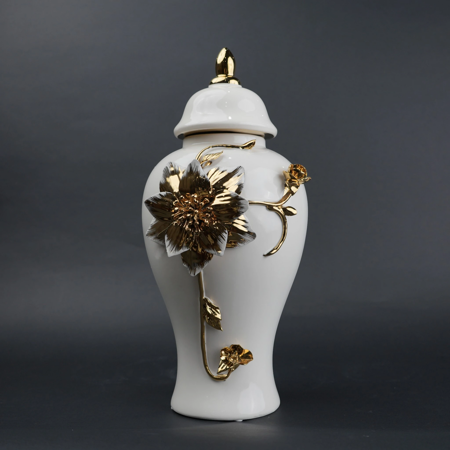 White ceramic jar with gold floral stem design, lid and vase use for home decor styling