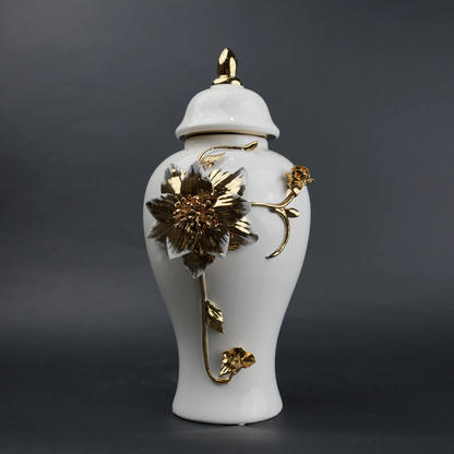 White ceramic jar with gold floral stem design, lid and vase use for home decor styling