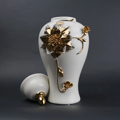 White ceramic jar with gold floral stem design, lid and vase use for home decor styling