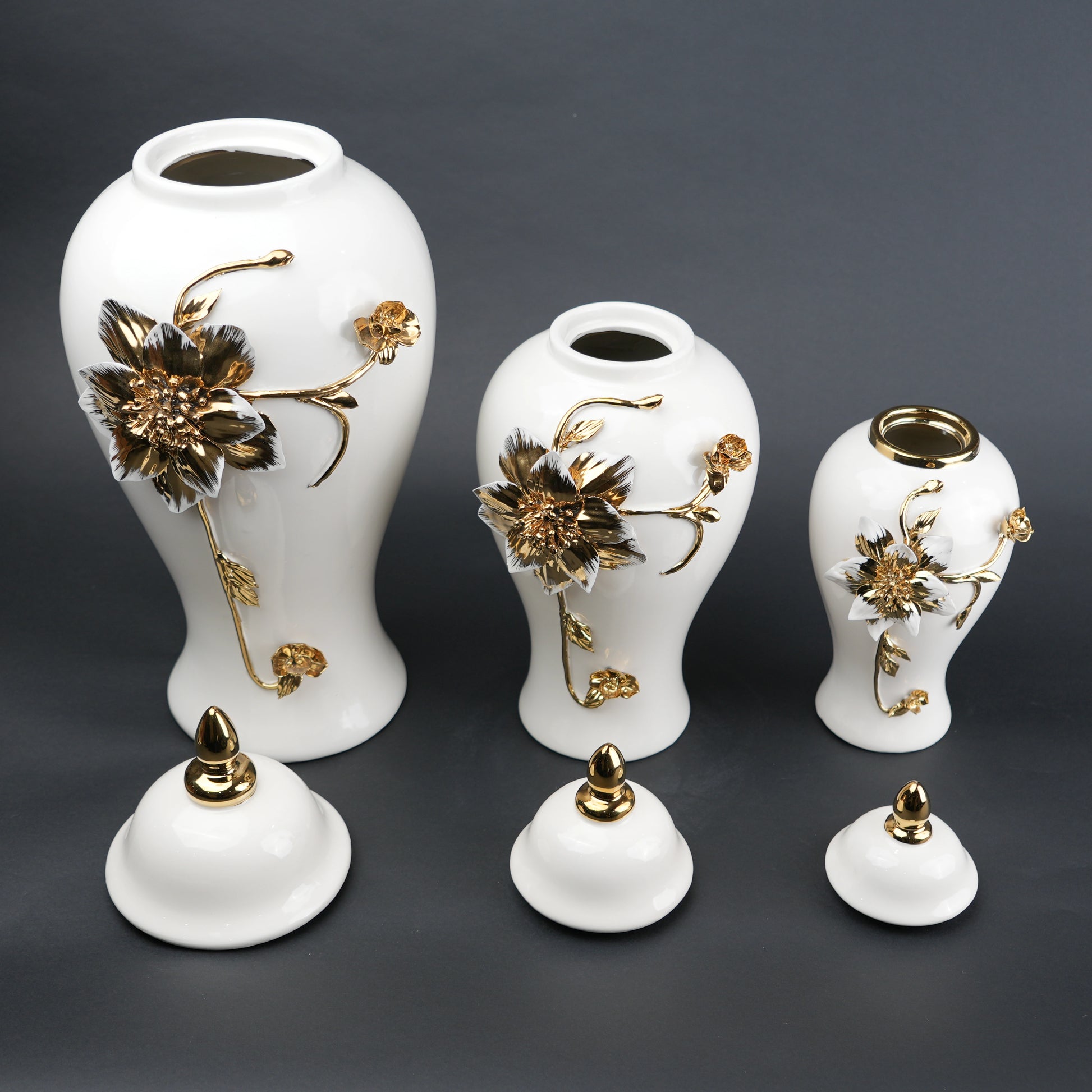 White ceramic jar with gold floral stem design, lid and vase use for home decor styling