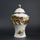 White ceramic decorative jar with gold laurel leaf band and lid