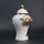 White ceramic decorative jar with gold laurel leaf band and lid