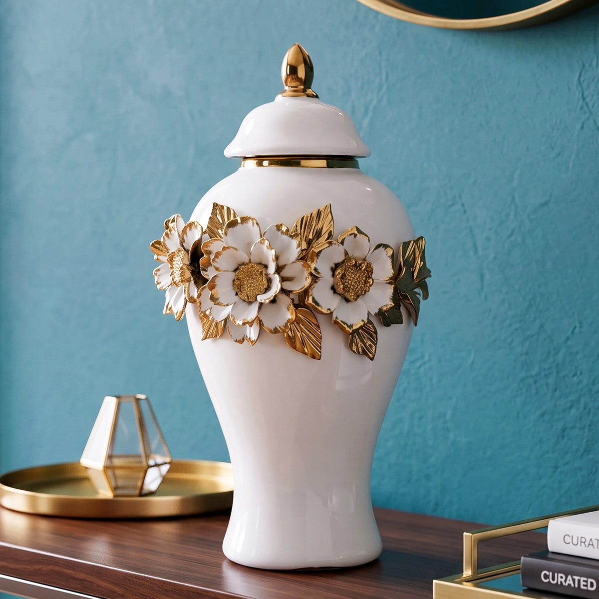 White ceramic jar with gold floral detailing and lid for luxury home decor styling