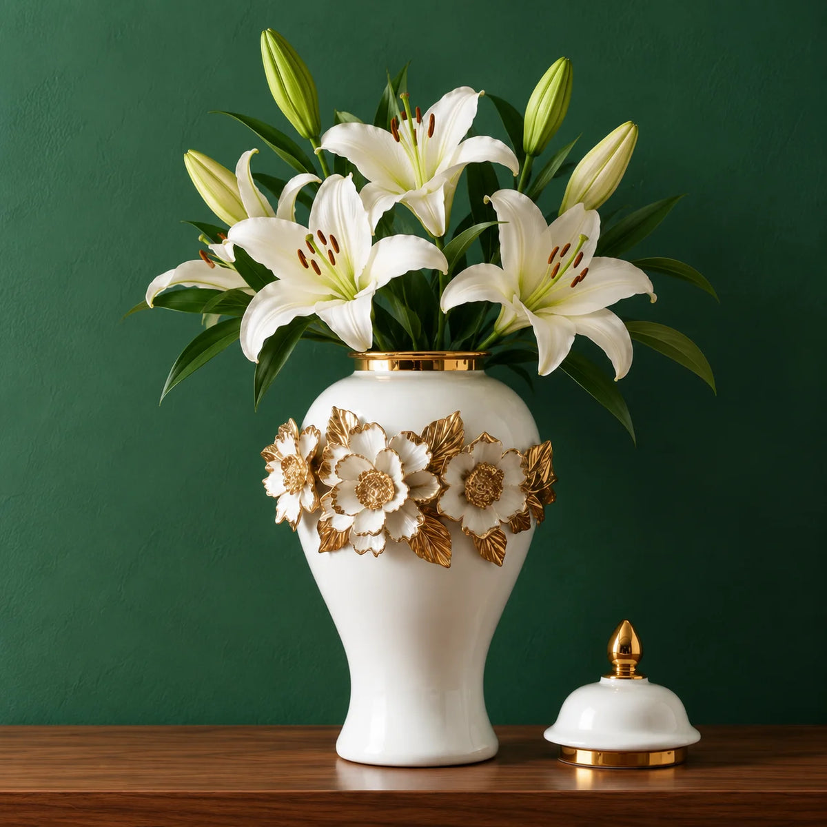 White ceramic jar with gold floral detailing and lid for luxury home decor styling