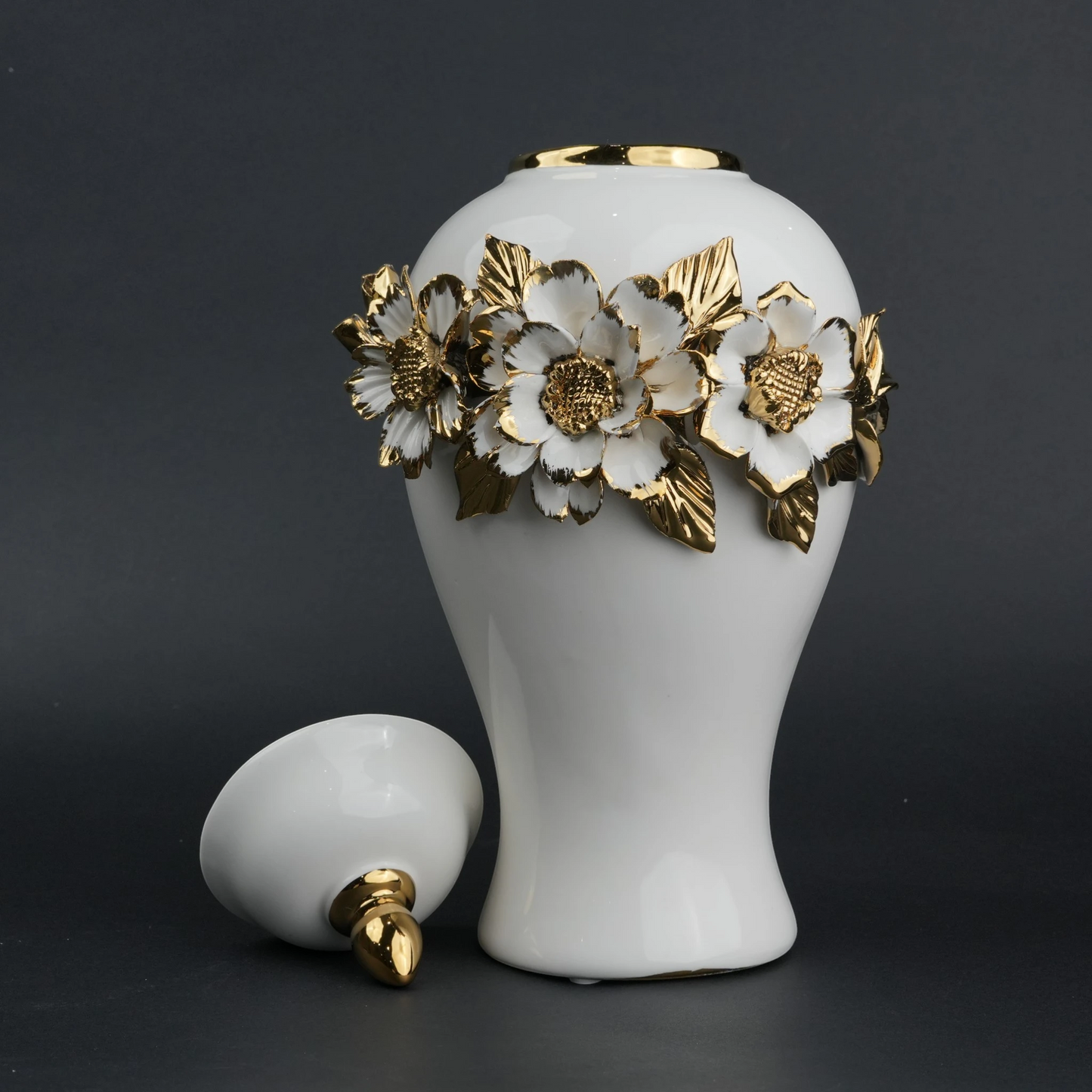 White ceramic jar with gold floral detailing and lid for luxury home decor styling