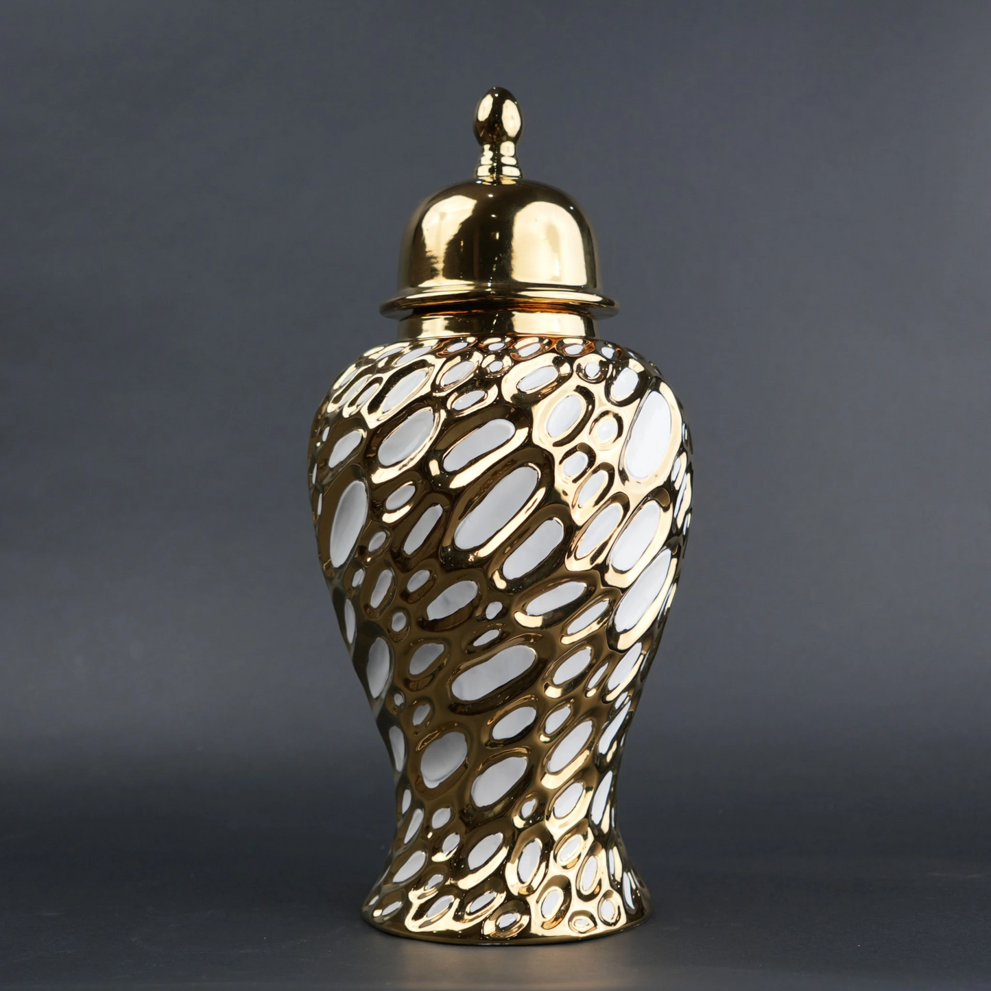 Gold ceramic decorative jar with organic pattern and lid in small and large sizes