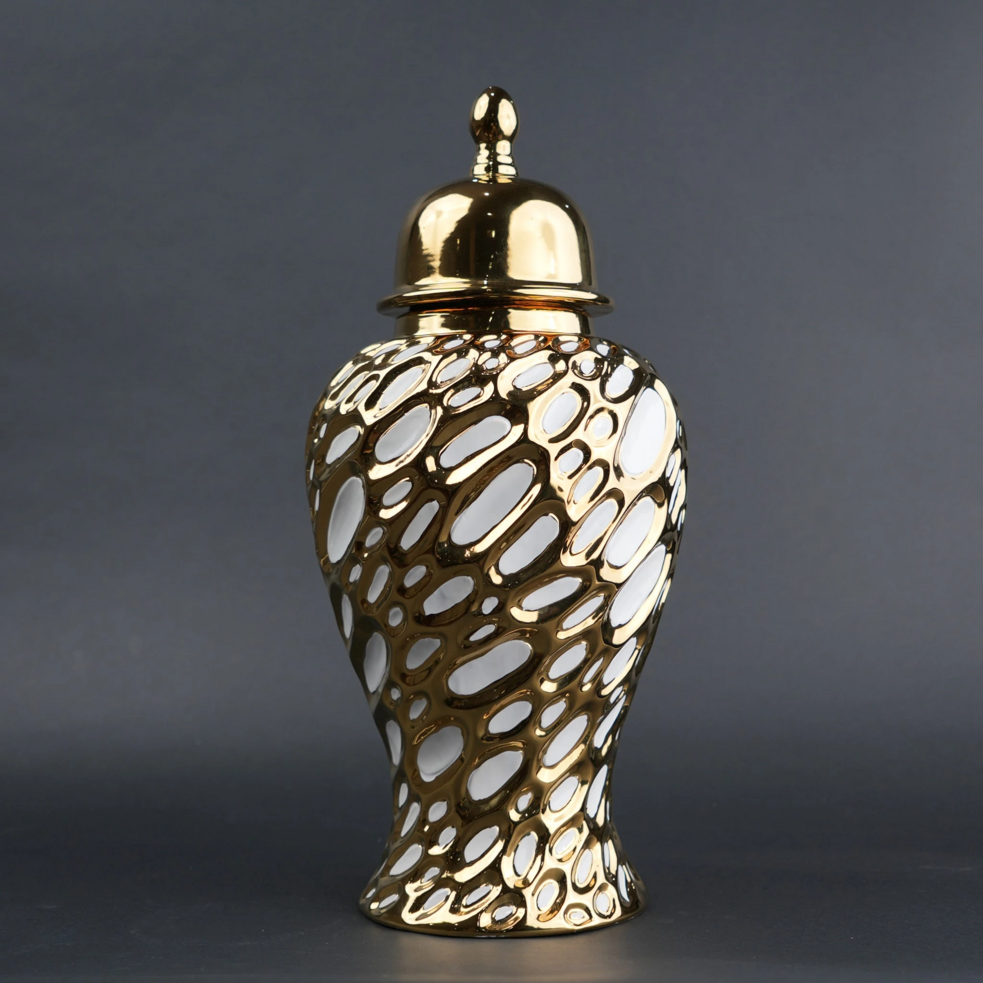 Gold ceramic decorative jar with organic pattern and lid in small and large sizes