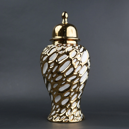 Gold ceramic decorative jar with organic pattern and lid in small and large sizes