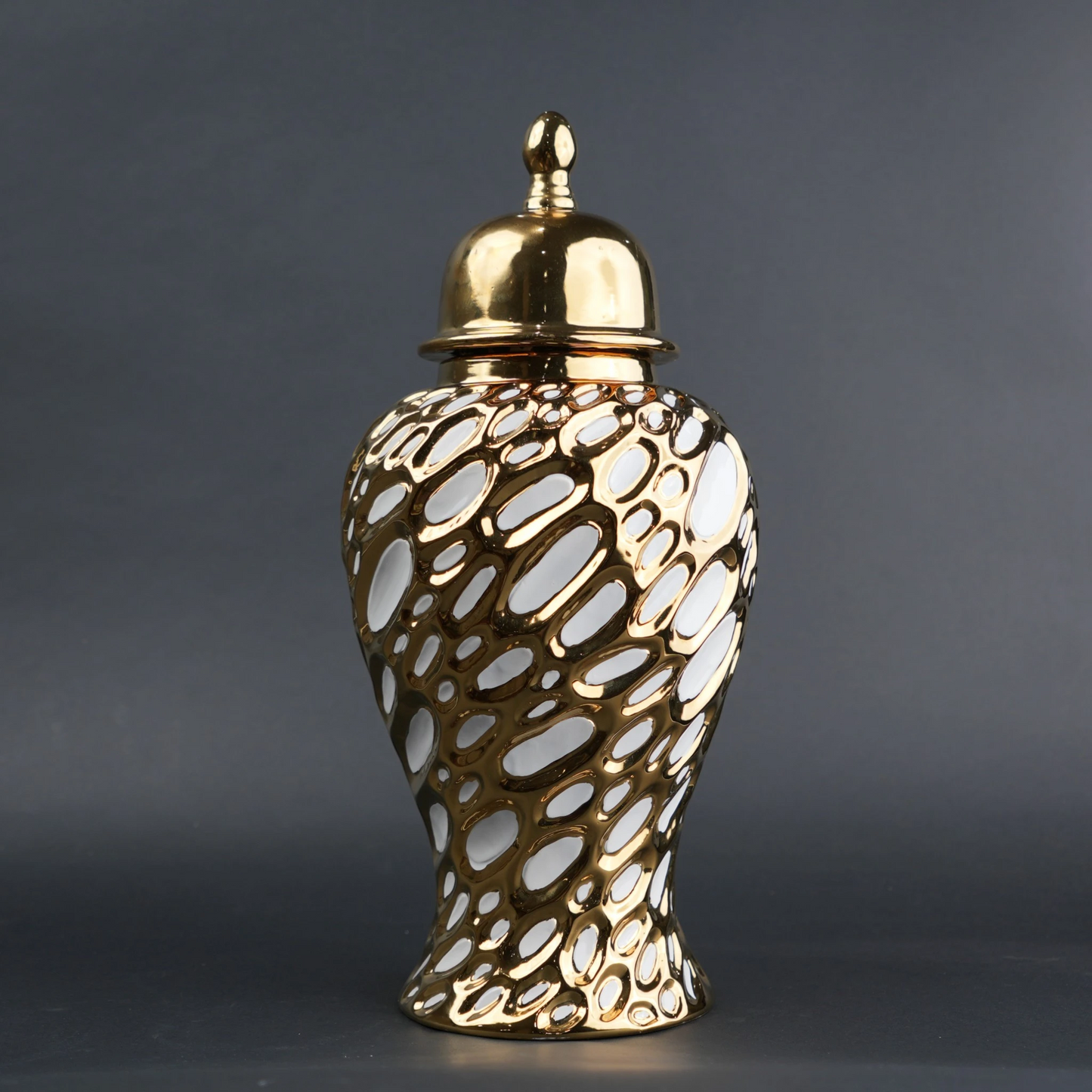 Gold ceramic decorative jar with organic pattern and lid in small and large sizes