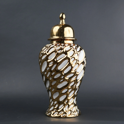 Gold ceramic decorative jar with organic pattern and lid in small and large sizes
