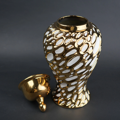 Gold ceramic decorative jar with organic pattern and lid in small and large sizes