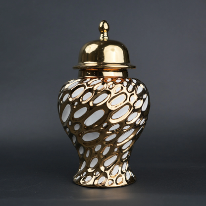 Gold ceramic decorative jar with organic pattern and lid in small and large sizes