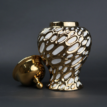 Gold ceramic decorative jar with organic pattern and lid in small and large sizes