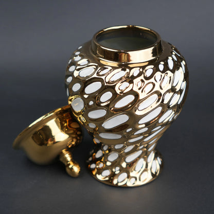 Gold ceramic decorative jar with organic pattern and lid in small and large sizes