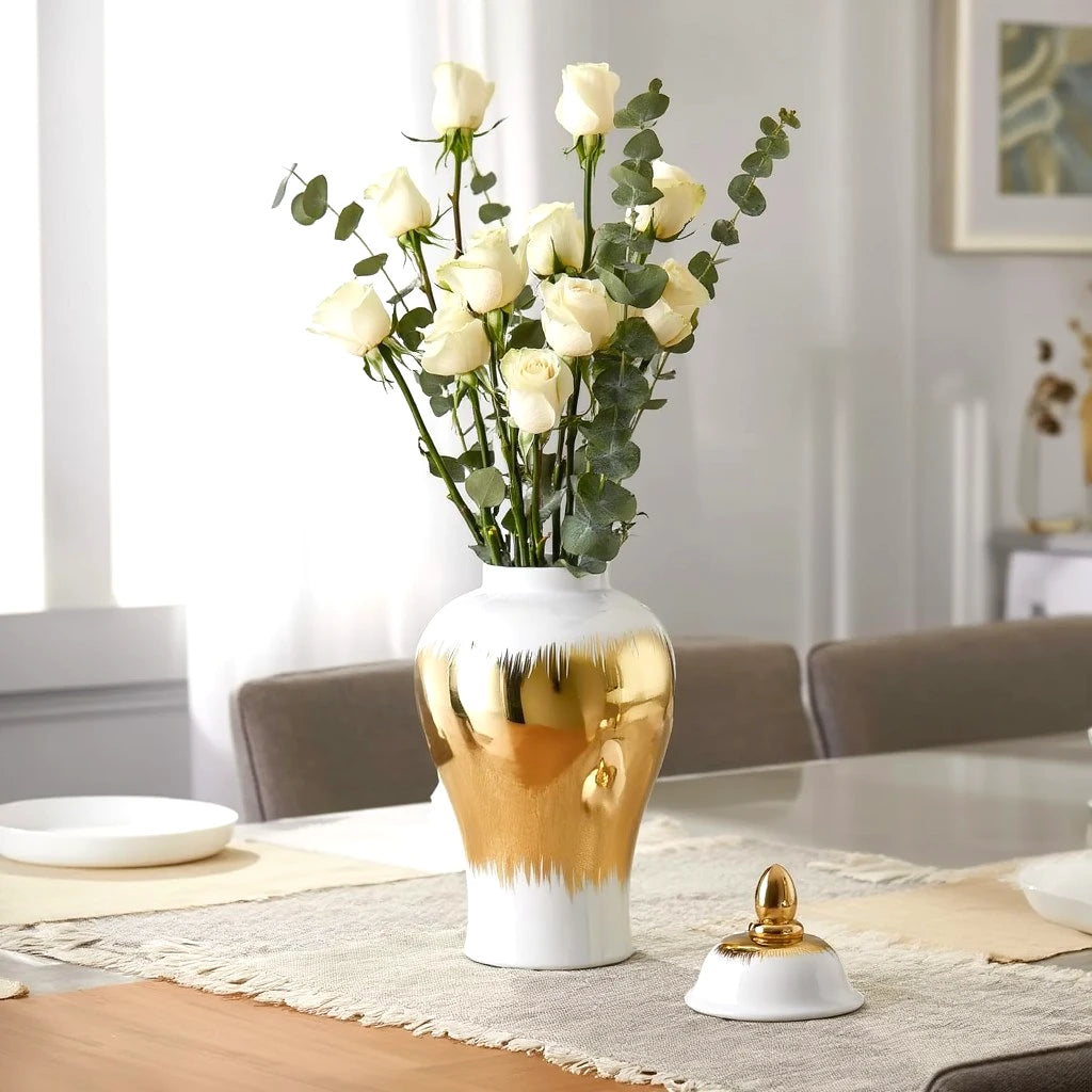 Gilded brush jar w/ roses, lid off, dining