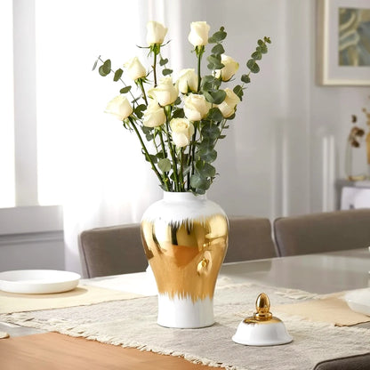 Gilded brush jar w/ roses, lid off, dining