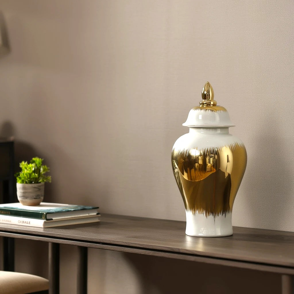 Gilded brush jar — side angle, walnut