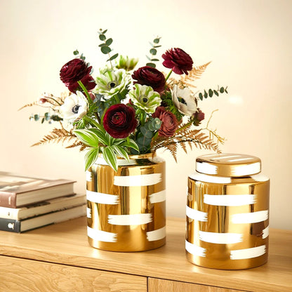 Golden stroke jar pair w/ anemones on oak