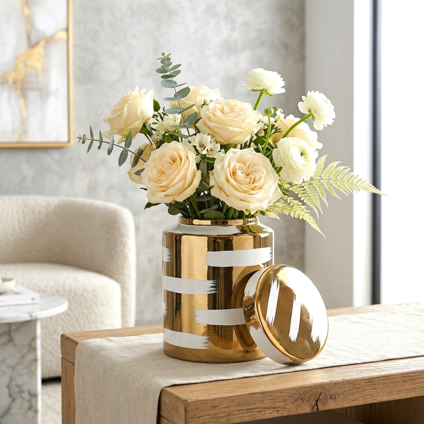 Large golden stroke jar w/ roses, console