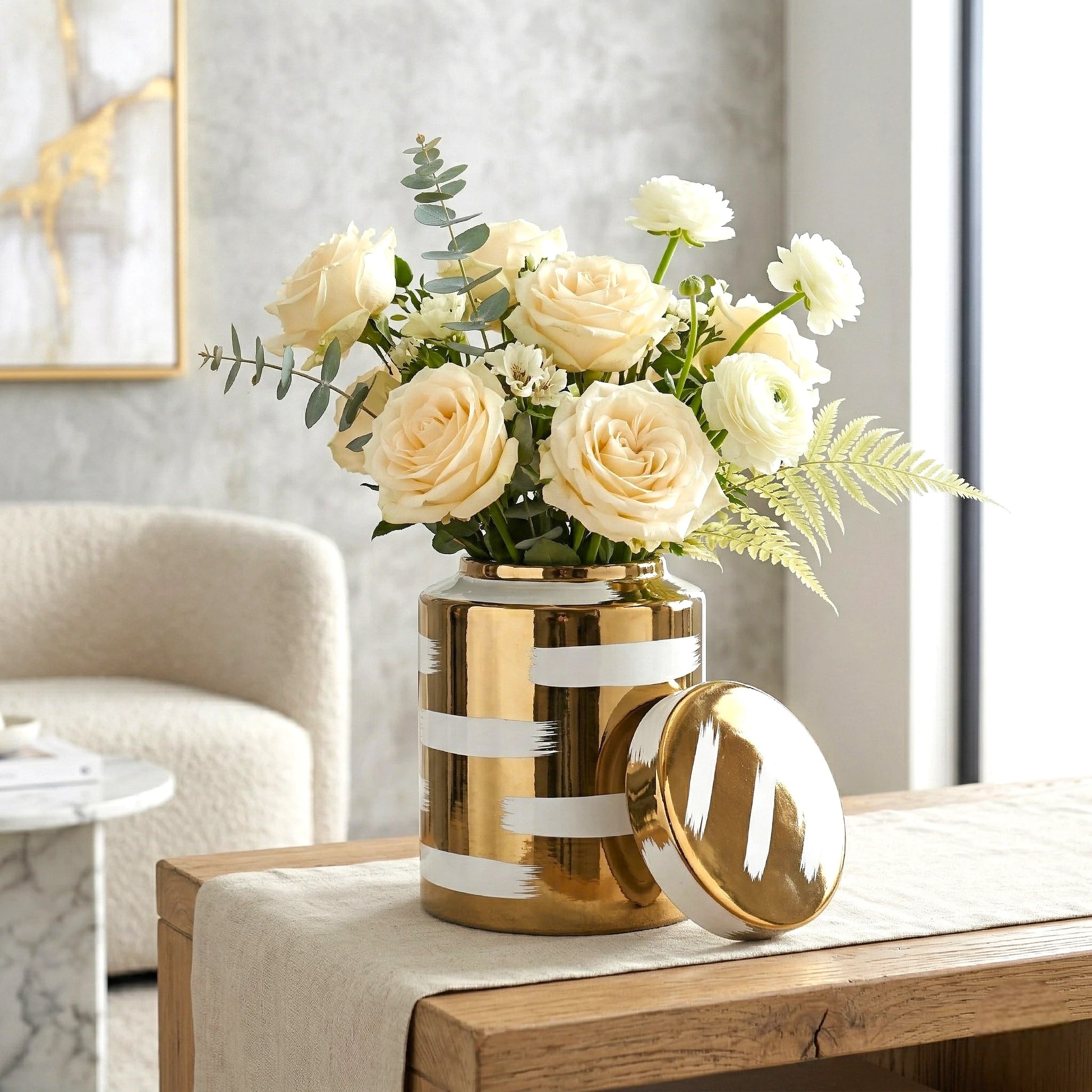 Large golden stroke jar w/ roses, console