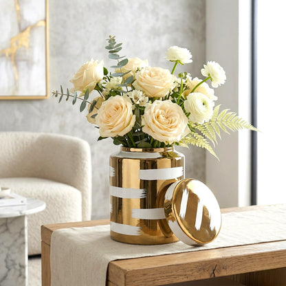 Large golden stroke jar w/ roses, console